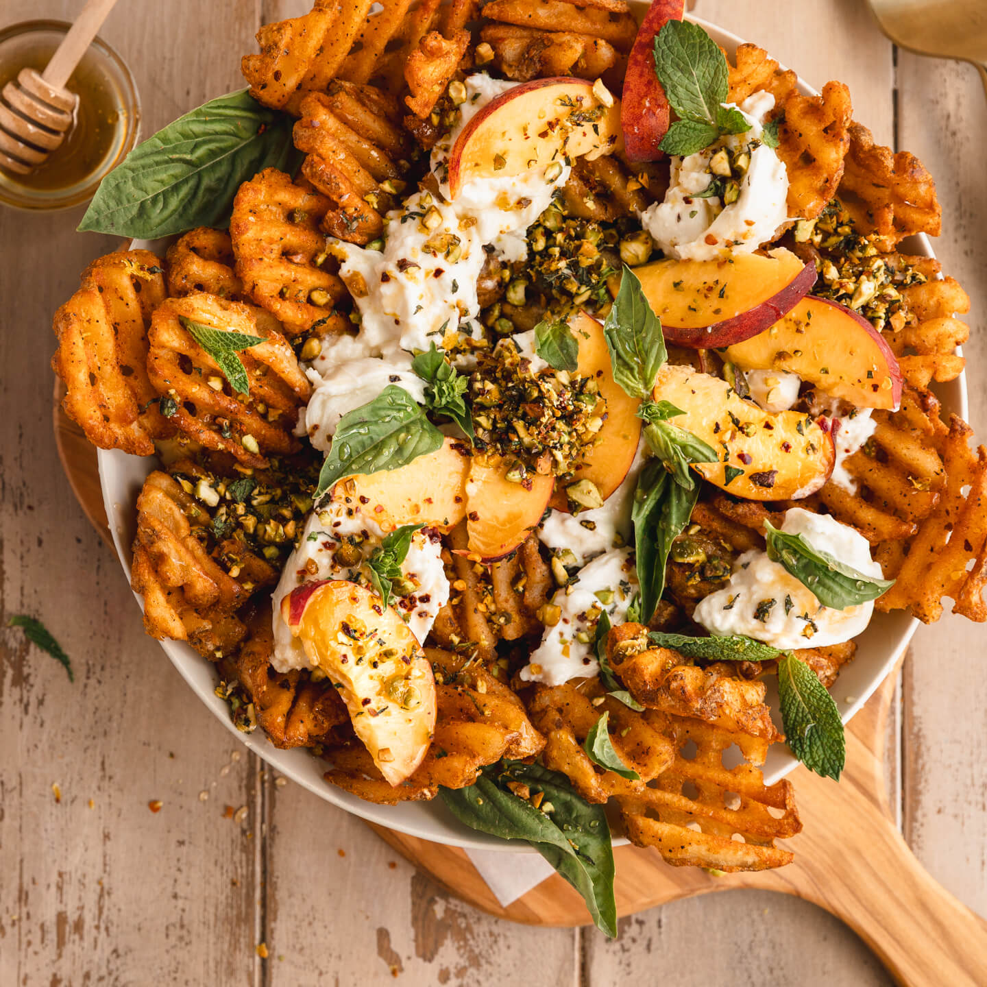 Peach, Burrata & Honey Waffle Fries